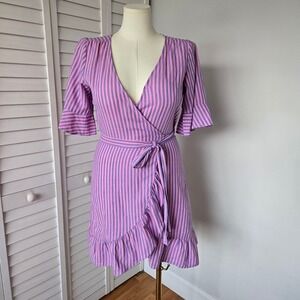 GAP Pink Blue Stripe Wrap Dress Size M Ruffle Hem Flutter Sleeve Preppy Cottage